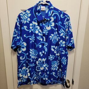 Vintage La La Leela Short Sleeve Floral Hawaiian Aloha Shirt Mens M Blue White